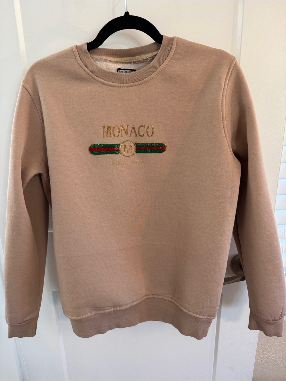 monaco Beige Sweatshirt with Green-Red Stripe and Gold Logo Patch